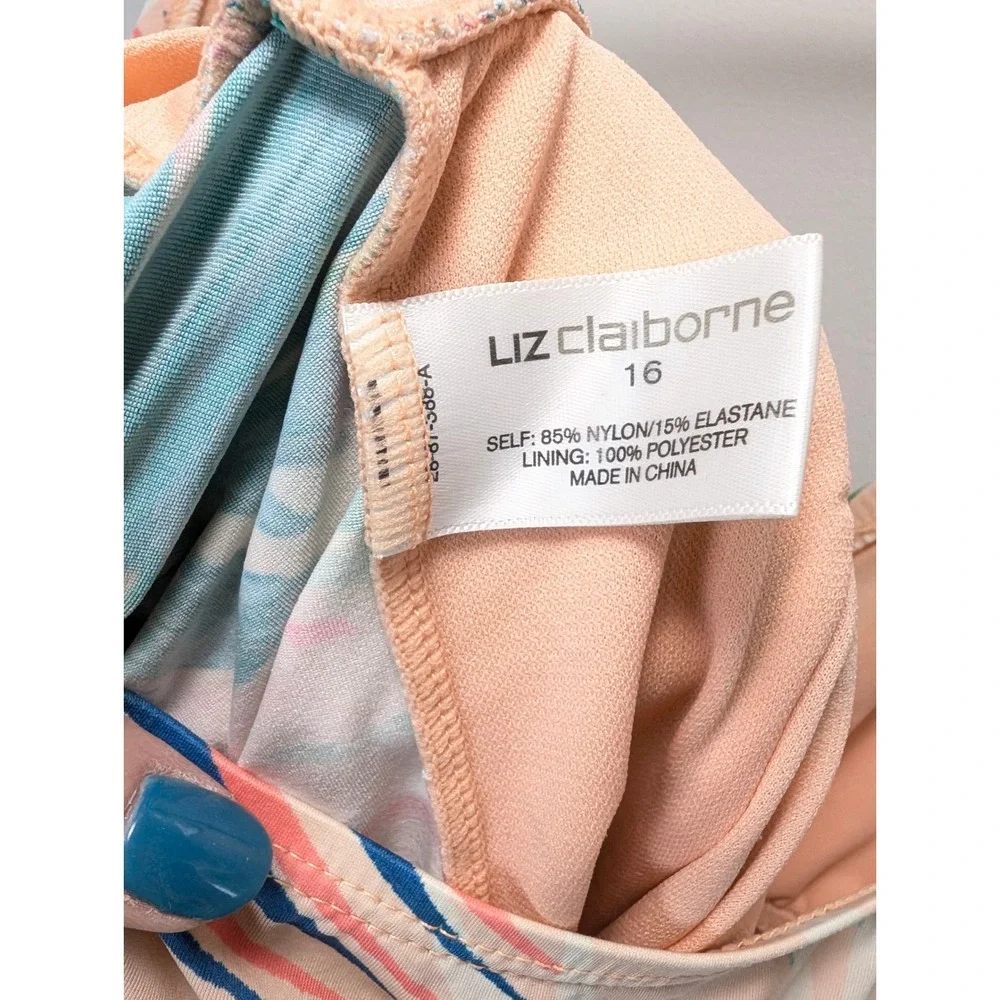 Liz Claiborne Tropical Palm Print Tankini Top Peach Pink Blue Green Size 16